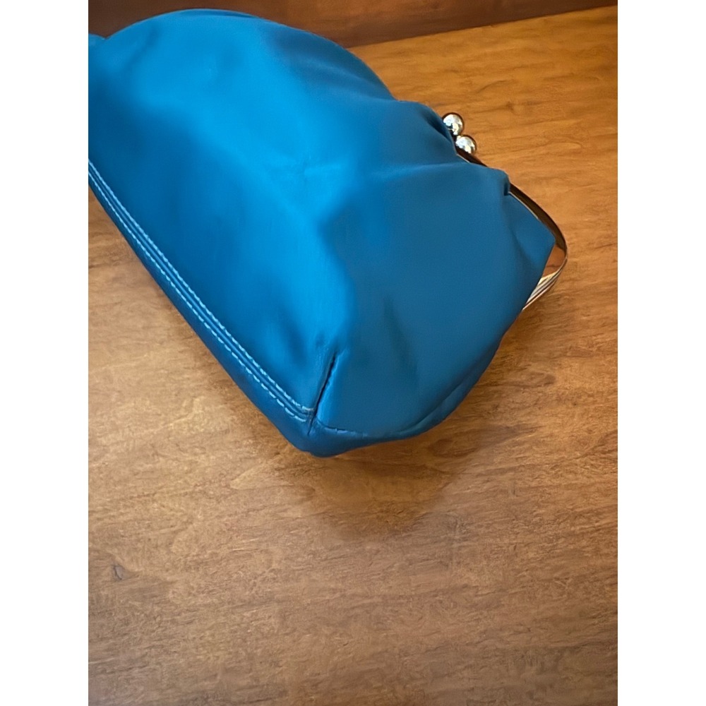 Coach Wristlet Bag Womens Satin Clutch Teal Blue Kiss Lock Vintage Evening Glam - Picture 8 of 10